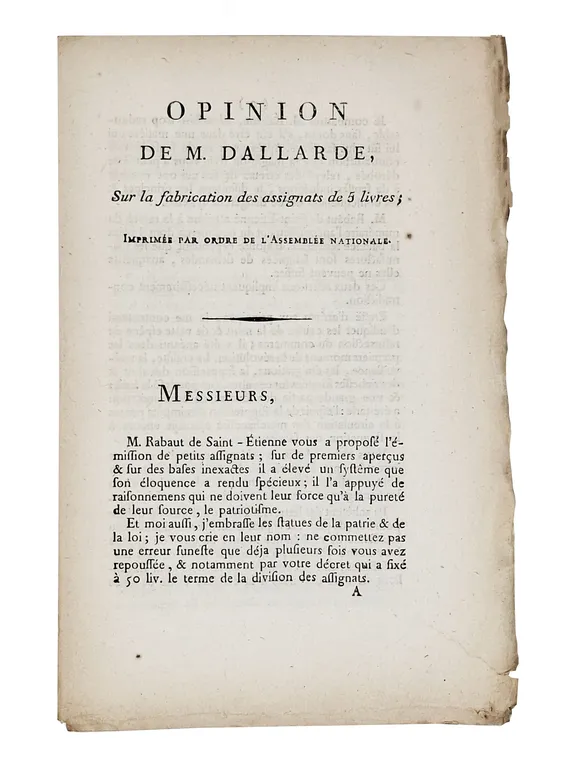 OPINION DE M. DALLARDE SUR LA FABRICATION DES ASSIGNATS DE …