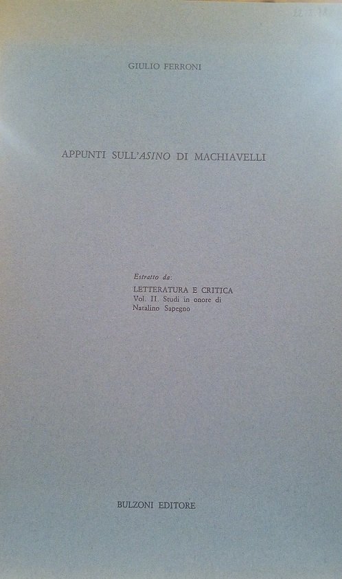 APPUNTI SULL' "ASINO" DI MACHIAVELLI - ESTRATTO DA "LETTERATURA E … | Immagine principale