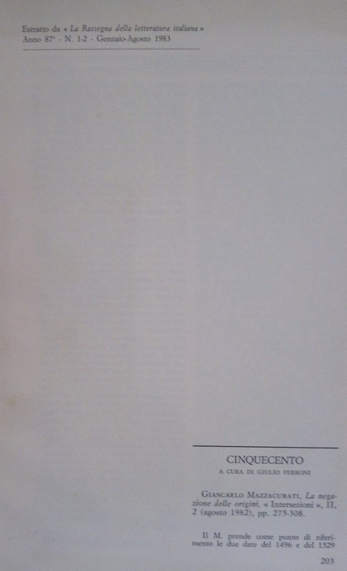 CINQUECENTO - GIANCARLO MAZZACURATI, LA NEGAZIONE DELLE ORIGINI, "INTERSEZIONI", II, …