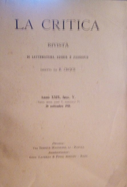 LA CRITICA - RIVISTA DI LETTERATURA, STORIA E FILOSOFIA DIRETTA …