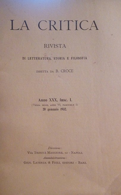 LA CRITICA - RIVISTA DI LETTERATURA, STORIA E FILOSOFIA DIRETTA …