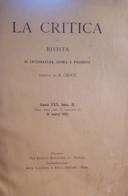 LA CRITICA - RIVISTA DI LETTERATURA, STORIA E FILOSOFIA DIRETTA …