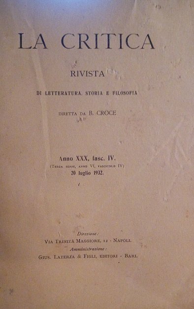 LA CRITICA - RIVISTA DI LETTERATURA, STORIA E FILOSOFIA DIRETTA …