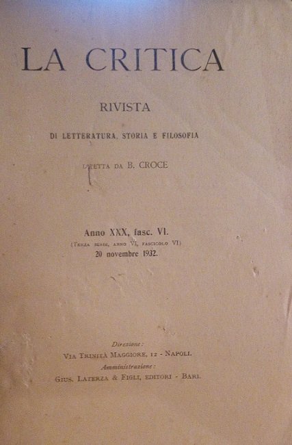 LA CRITICA - RIVISTA DI LETTERATURA, STORIA E FILOSOFIA DIRETTA …