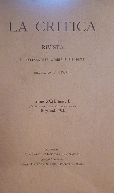 LA CRITICA - RIVISTA DI LETTERATURA, STORIA E FILOSOFIA DIRETTA …