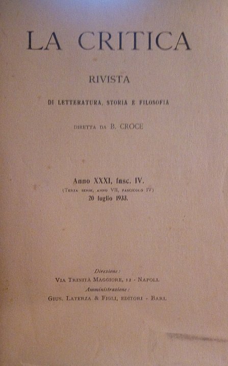 LA CRITICA - RIVISTA DI LETTERATURA, STORIA E FILOSOFIA DIRETTA …