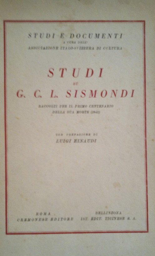 STUDI SU G.C.L. SISMONDI RACCOLTI PER IL PRIMO CENTENARIO DELLA …