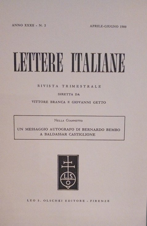 UN MESSAGGIO AUTOGRAFO DI BERNARDO BEMBO A BALDASSAR CASTIGLIONE - …