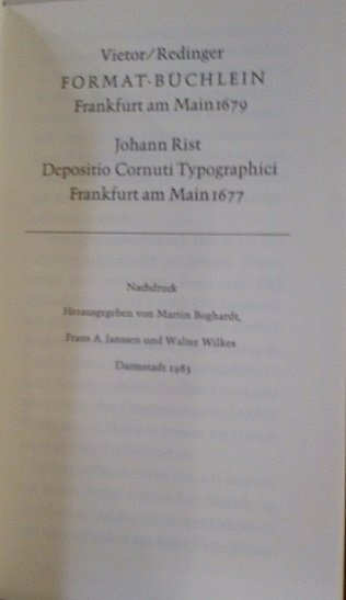 VIETOR/REDINGER: FORMAT-BUCHLEIN, FRANKFURT AM MAIN 1679 - JOHANN RIST: DEPOSITIO …