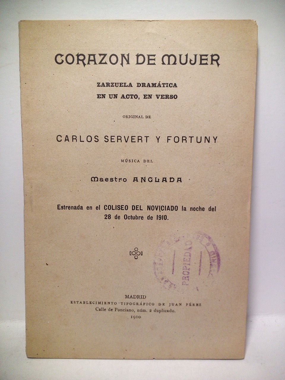 Corazón de mujer. (Zarzuela dramática en un acto y en … | Immagine principale
