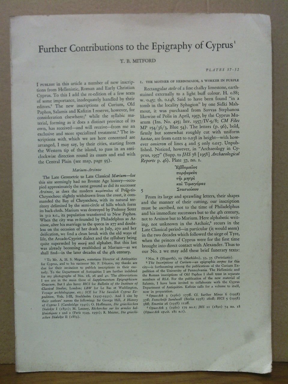 Further Contributions to the Epigraphy of Cyprus (1). (Plates 37 …