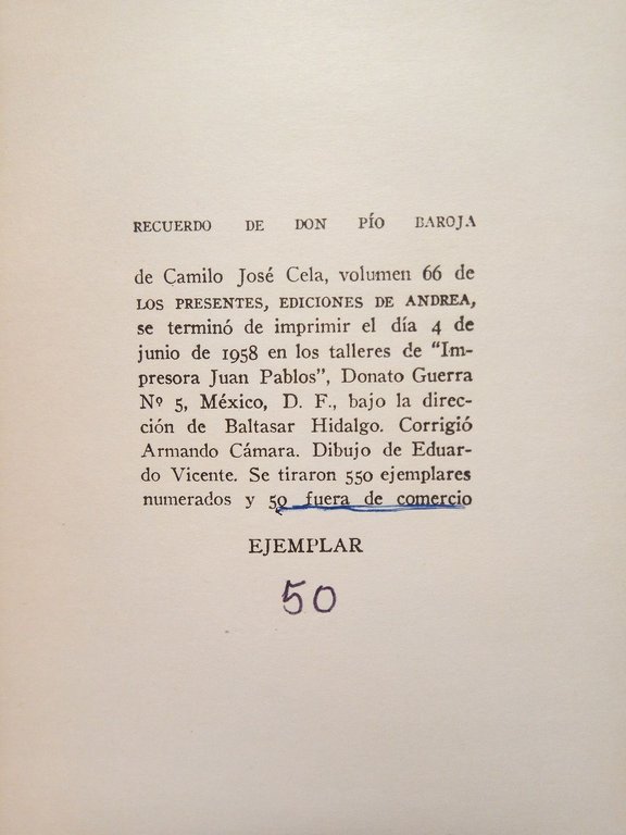 Recuerdo de Don Pío Baroja / Prólogo, "La Colmena" de …
