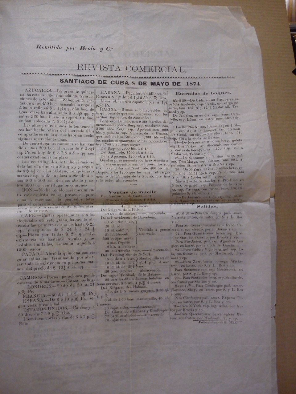 Revista Comercial. Santiago de Cuba 8 de Mayo de 1874 …
