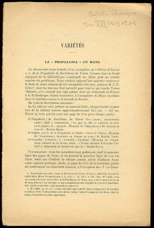 VARIETES: La "Propaladia" du Mans [de Bartolomé de Torres Naharro] | Immagine principale