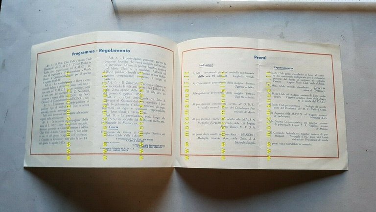 1 Motoraduno Monte Rosa Gressoney 1933 programma depliant anteguerra brochure
