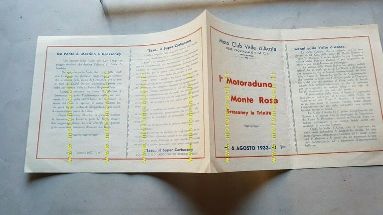 1 Motoraduno Monte Rosa Gressoney 1933 programma depliant anteguerra brochure
