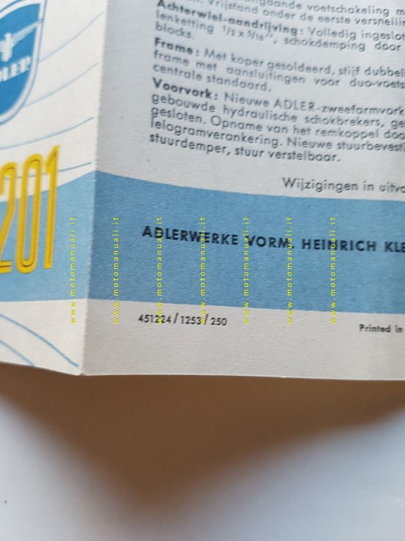 Adler MB 201 1954 depliant originale TESTO OLANDESE