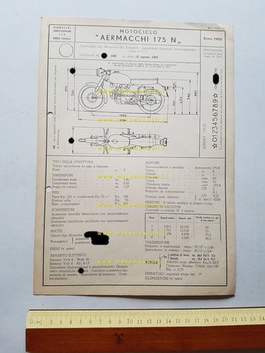 Aermacchi Ala Bianca 175 N 1960 scheda omologazione DGM Facsimile …
