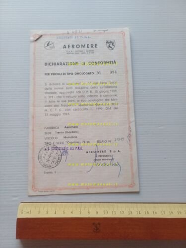 Aeromere Capriolo 75 1962 certificato d'origine originale