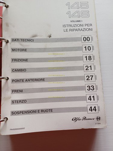 Alfa Romeo 145-146 1994-9 manuale officina Car. Tecniche-Motori-Gruppi Mecc Vol1