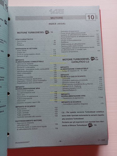Alfa Romeo 145-146 1994-9 manuale officina Car. Tecniche-Motori-Gruppi Mecc Vol1