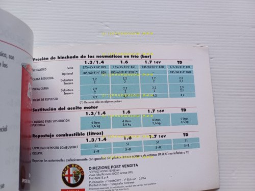 Alfa Romeo 145 modelli 1994 manuale uso manutenzione SPAGNOLO originale