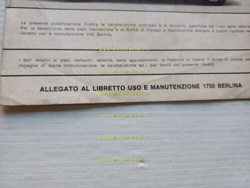 Alfa Romeo 1750 GT Veloce 1968 ALLEGATO originale manuale uso