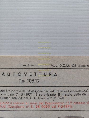 Alfa Romeo 2000 Berlina 105.12 1971 scheda omologazione DGM Motor. …