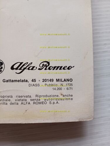 Alfa Romeo 2000 Berlina 1971 manuale uso manutenzione originale ITALIANO