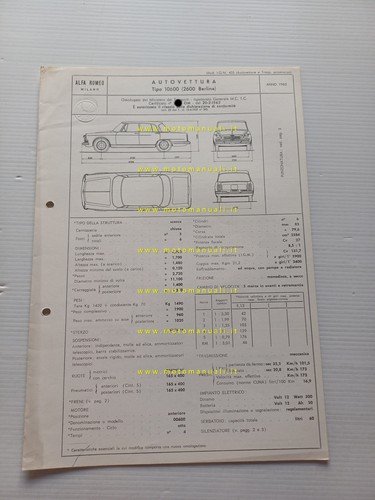 Alfa Romeo 2600 Berlina 1962 scheda omologazione DGM Motorizzaz. Facsimile