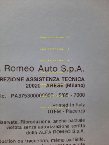 Alfa Romeo Alfa 90 6V Iniezione 1985 Product Bulletin manuale …