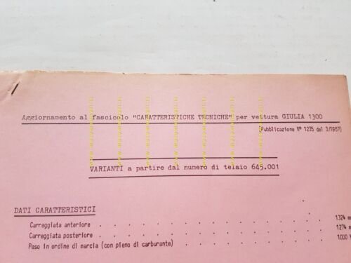 Alfa Romeo Giulia 1300 1967 manuale officina caratteristiche tecniche originale