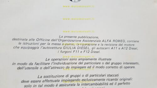 Alfa Romeo Giulia Diesel- A11-12 - F11-12 1977 manuale officina …