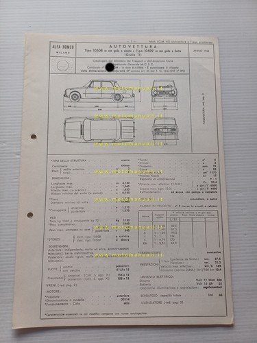 Alfa Romeo Giulia TI 1.6 1964 scheda omologazione DGM Motorizz. …