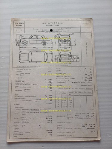 Alfa Romeo Giulietta Berlina 1960 scheda omologazione DGM Motorizzaz. Facsimile