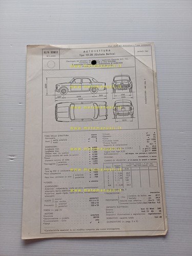 Alfa Romeo Giulietta Berlina 1961 scheda omologazione DGM Motorizzaz. Facsimile