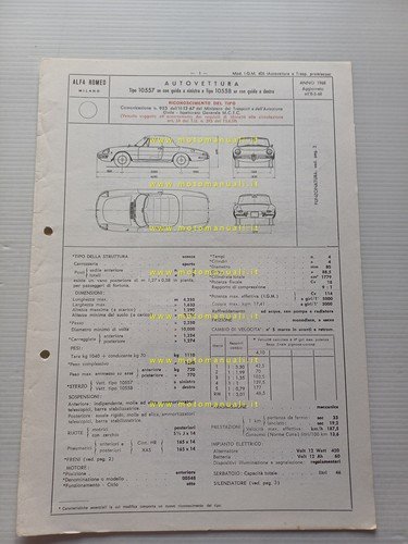 Alfa Romeo Spider 1750 1968 agg.ta 5.68 scheda omologazione DGM …
