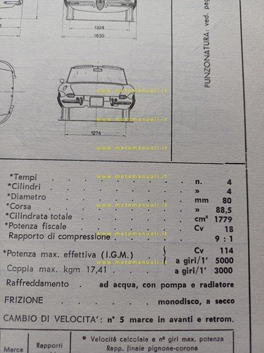 Alfa Romeo Spider 1750 1968 agg.ta 5.68 scheda omologazione DGM …