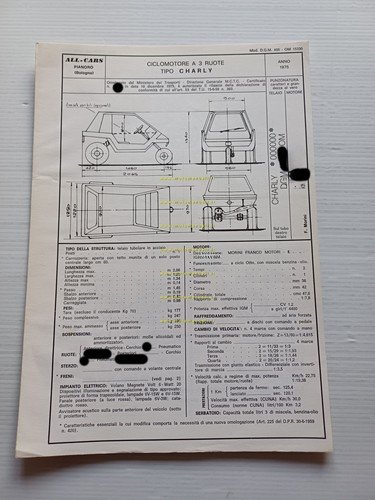 All-Cars Charly 50 microauto 1975 Facsimile originale scheda omologazione DGM