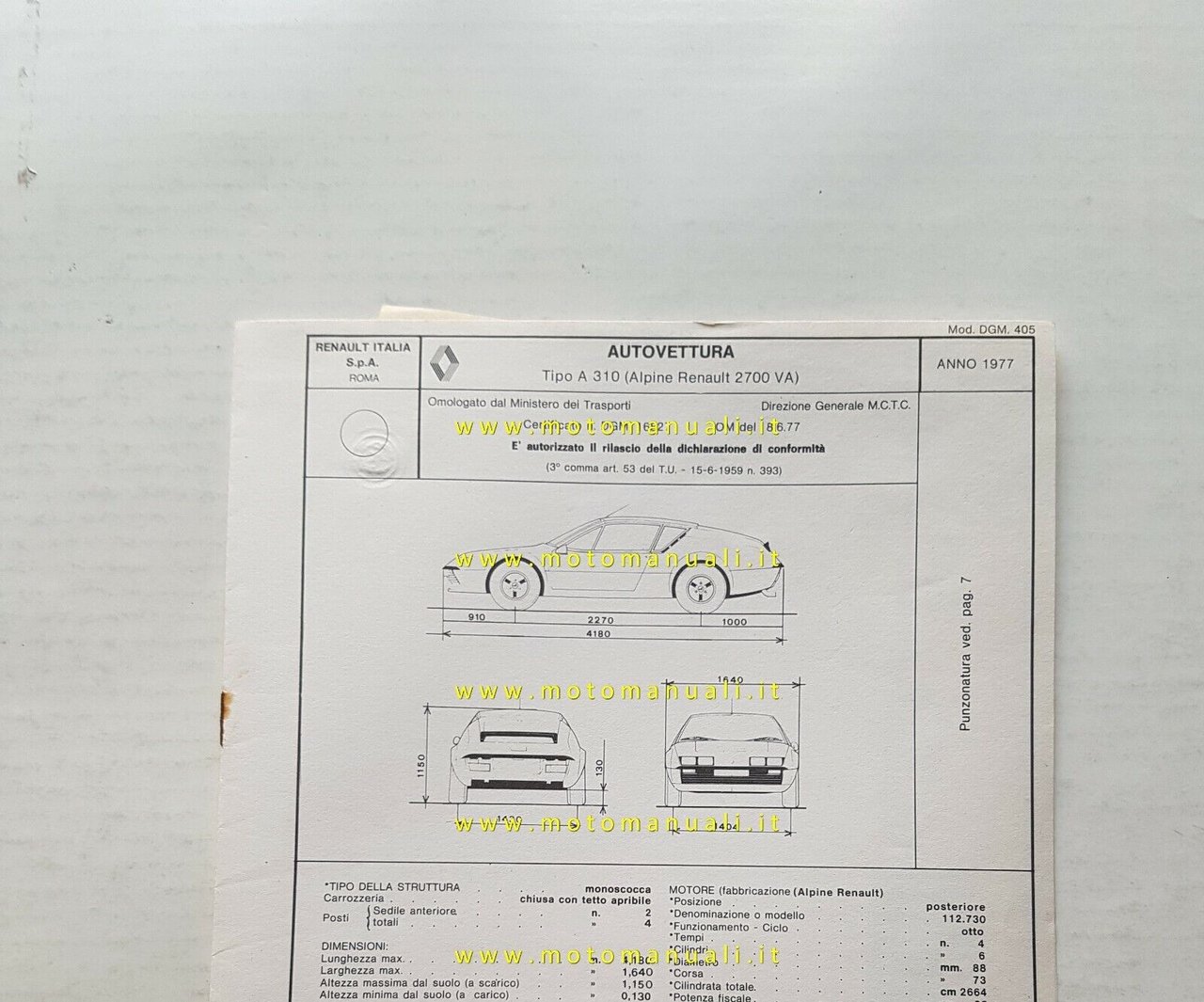 Alpine Renault A310 2700 1977 Scheda facsimile omologazione DGM Motorizzazione