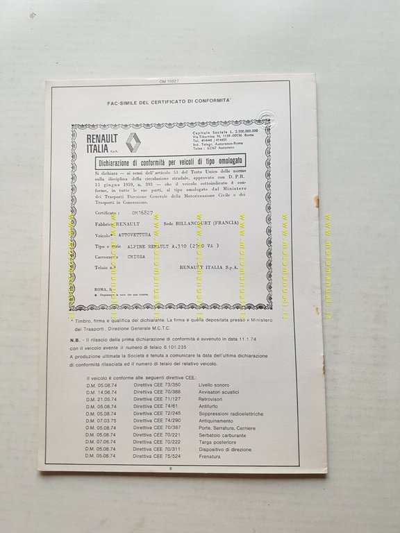 Alpine Renault A310 2700 1977 Scheda facsimile omologazione DGM Motorizzazione