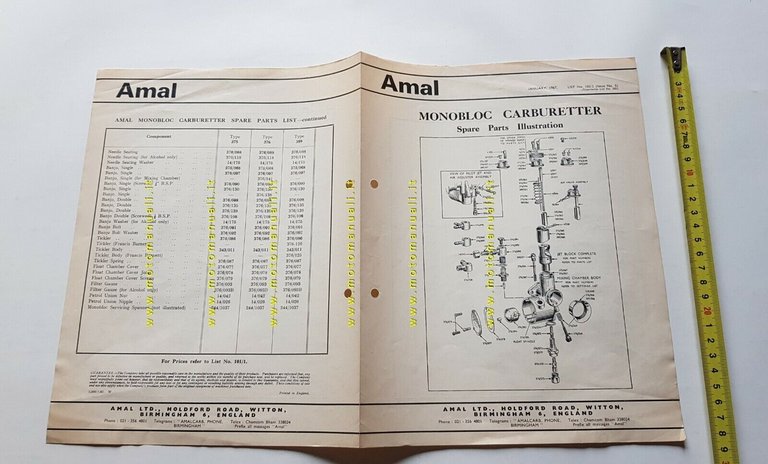 AMAL Monobloc carburatore catalogo ricambi 1967 originale