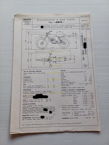 Ancillotti 50 SM-6 1977 Facsimile scheda omologazione DGM Motorizzazione Origin.