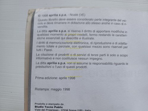 Aprilia 50 Area 51 scooter 1998 manuale uso manutenzione libretto …