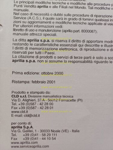 Aprilia bici elettriche Enjoy Racing-City 2000-01 manuale officina ORIGINALE
