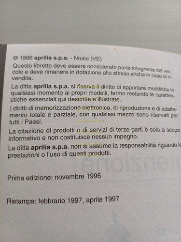 Aprilia SR 50 1996-97 manuale uso manutenzione libretto originale