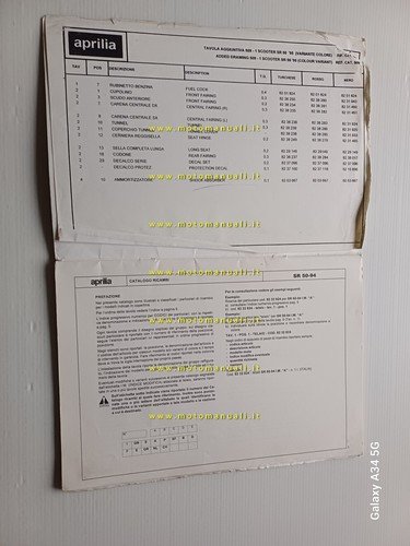 Aprilia SR 50 raffreddamento aria 1994 catalogo ricambi TELAIO originale