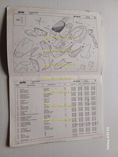 Aprilia SR 50 raffreddamento aria 1994 catalogo ricambi TELAIO originale