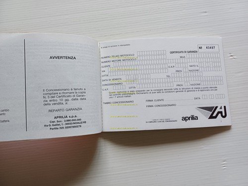 Aprilia tutti modelli anni 90 libretto tessera garanzia NUOVO originale