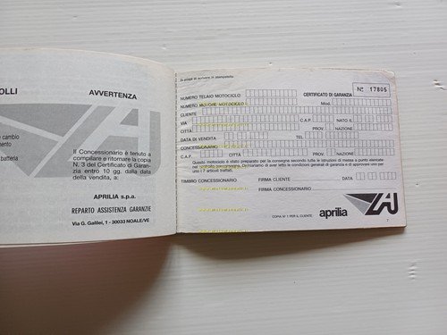 Aprilia tutti modelli anni 90 libretto tessera garanzia NUOVO originale
